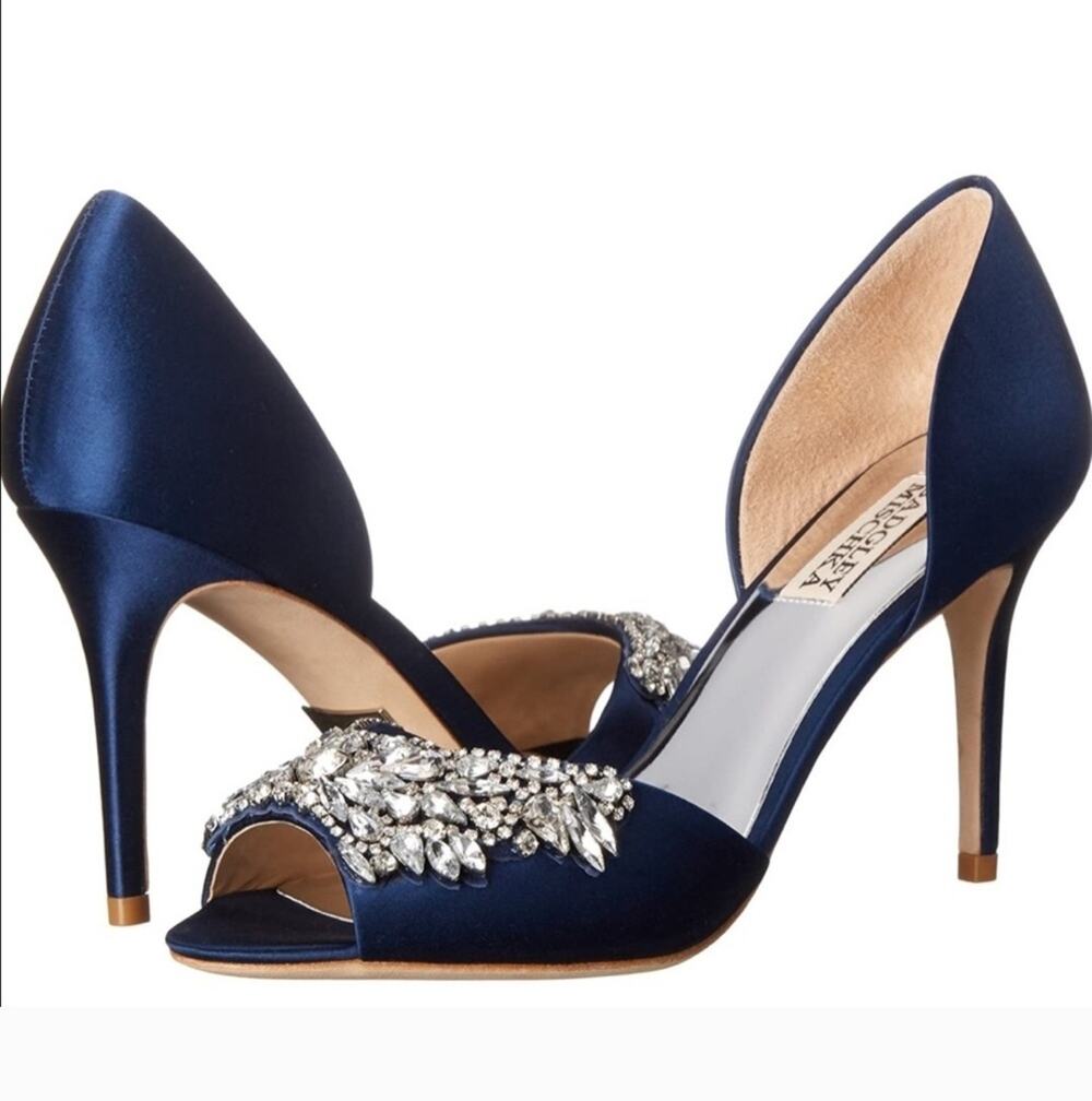Badgley Mischka Candace Dress Pump Stormy Blue Peep Toe Embellished Size 9 1/2